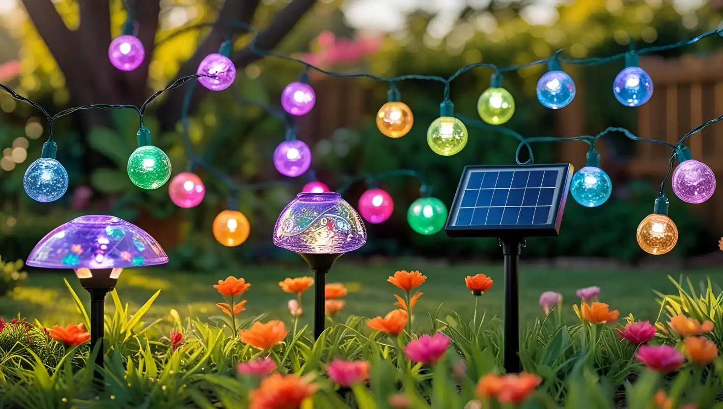 Colorful solar-powered garden lights.