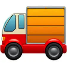 Emoji camion de livrări roșu și portocaliu cu panouri laterale din lemn.