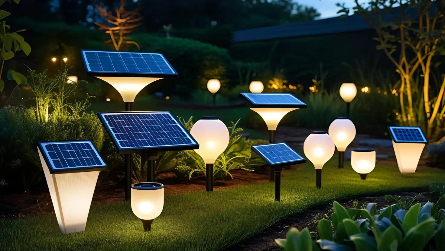 Illuminated solar garden lights.