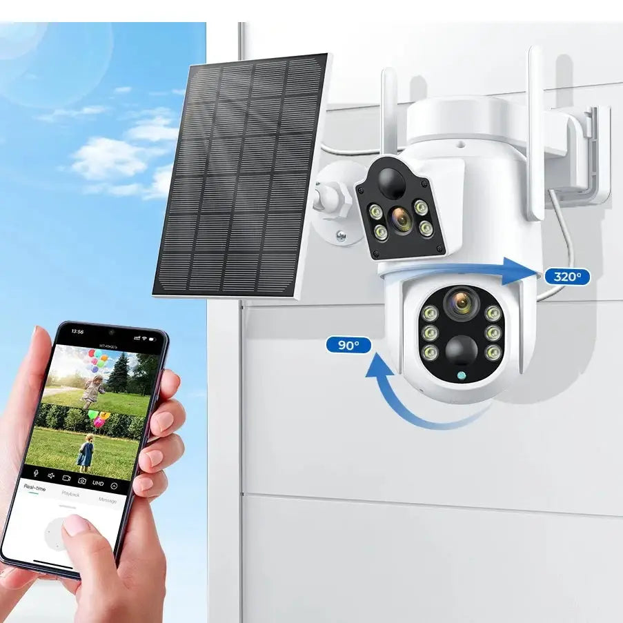 Camera de Supraveghere Dubla Wifi Rotativa cu Incarcare Solara 2 Lentile,