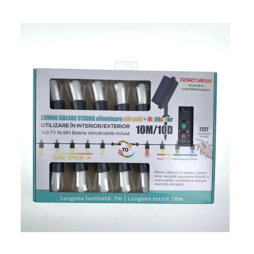 Ghirlanda Luminoasa Cu Incarcare Solara Lumina Alb Cald Si RGB 10 Becuri 10 M Telecomanda