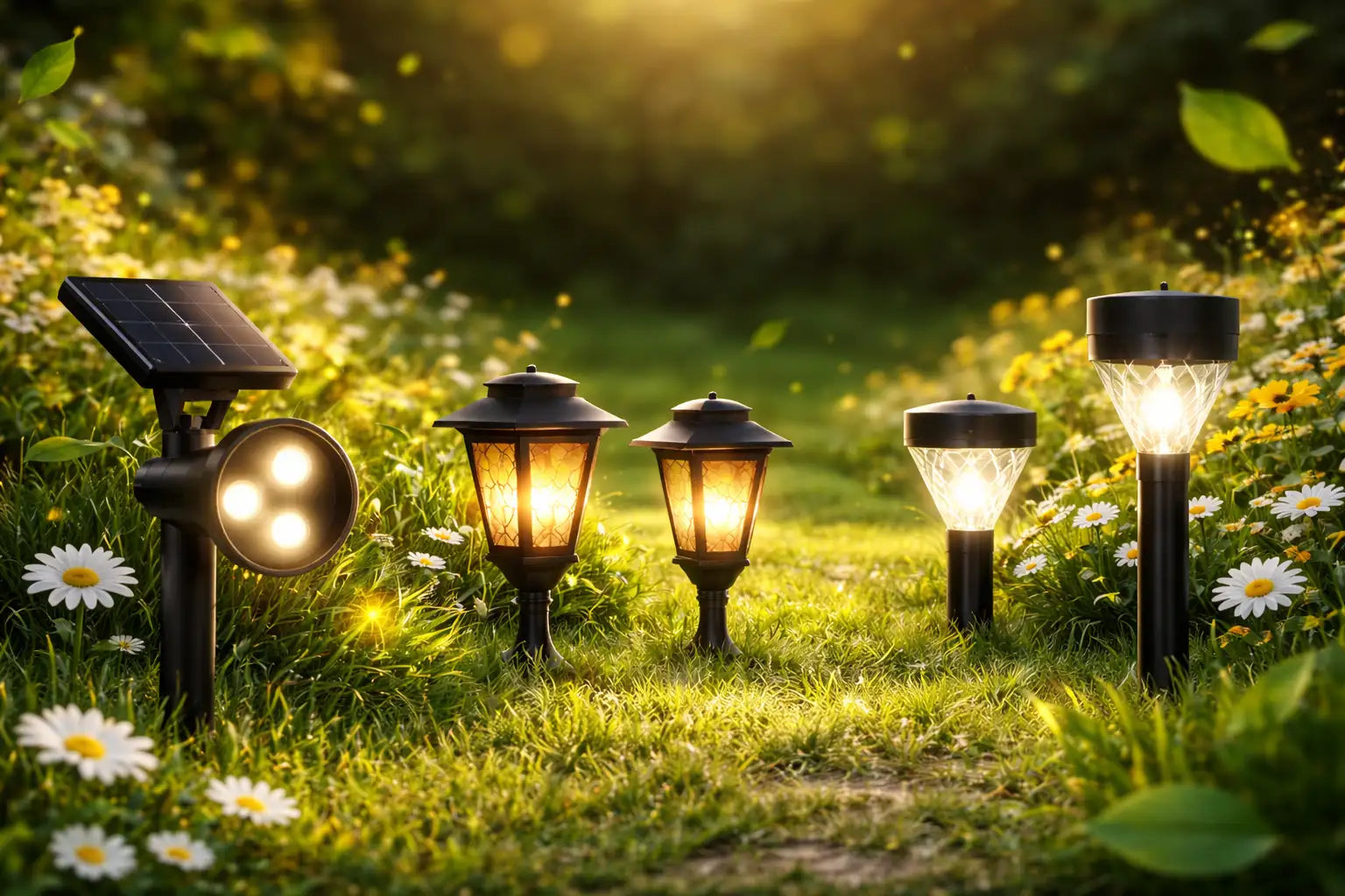 Luminile de grădină alimentate cu energie solară, negre, cu designuri în stil lanternă care emană o lumină caldă și un finisaj elegant, modern.