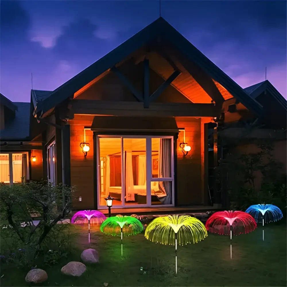 Set 4 x Lampa solara tip meduza fibra optica LED RGB 60 cm rezistenta la apa